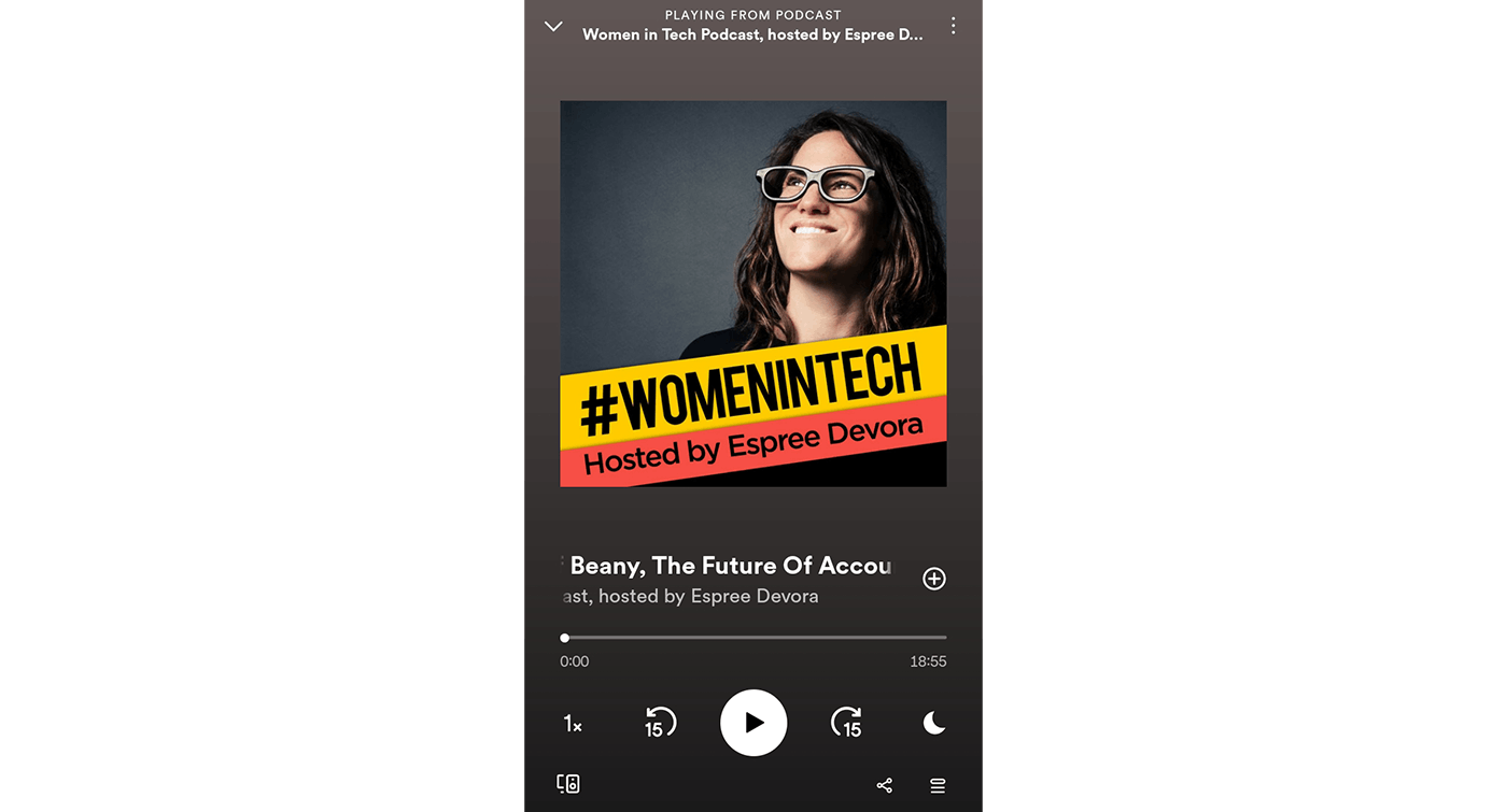 Women in Tech podcast playing on Spotify