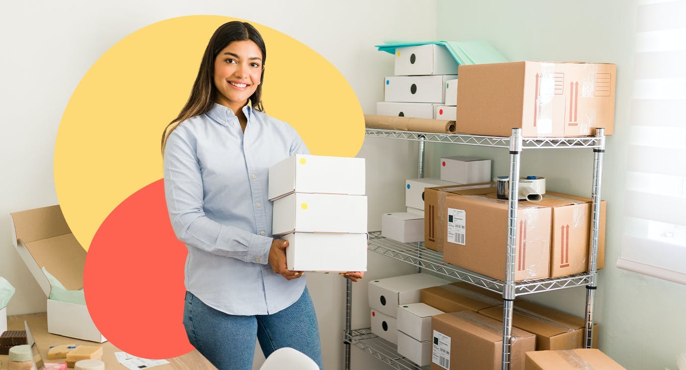 a female small business owner is packing packages 